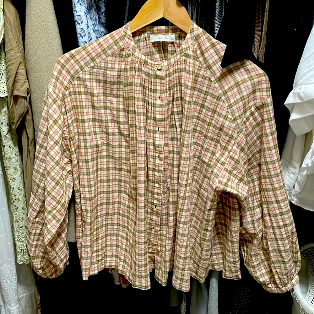 Doen Pink and Green Plaid Button-Front Blouse